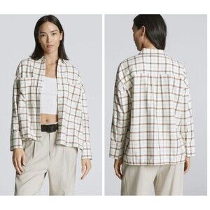 Everlane The Boxy Flannel Shirt Plaid Button Up Tan White Women's XS NWOT Cozy